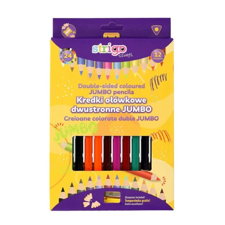 Creioane colorate duble, Strigo Jumbo, 12 bucati, 24 culori, triunghiulare, cu ascutitoare
