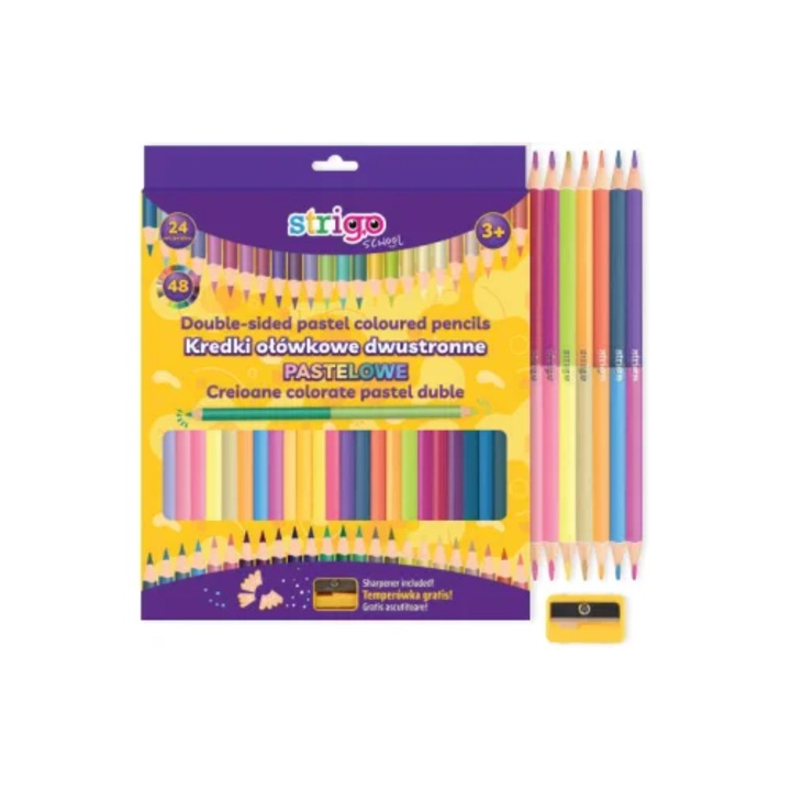Creioane colorate duble, Strigo, 24 bucati, 48 culori Pastel, triunghiulare, cu ascutitoare