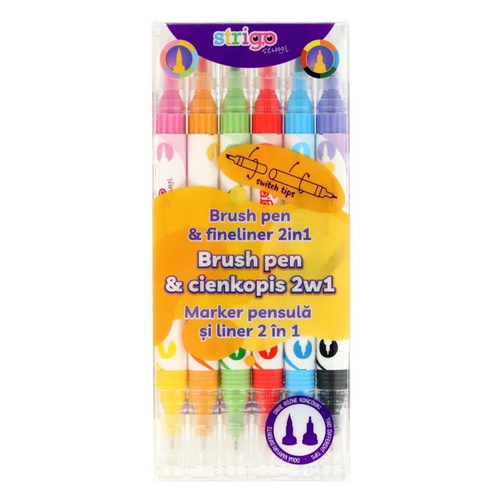 Evidentiator Strigo 2 in 1, pensula si liner, 6buc/set, 12 culori
