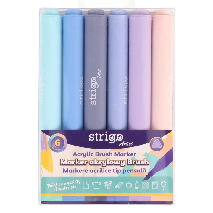 Markere acrilice Strigo tip pensula, 6 culori