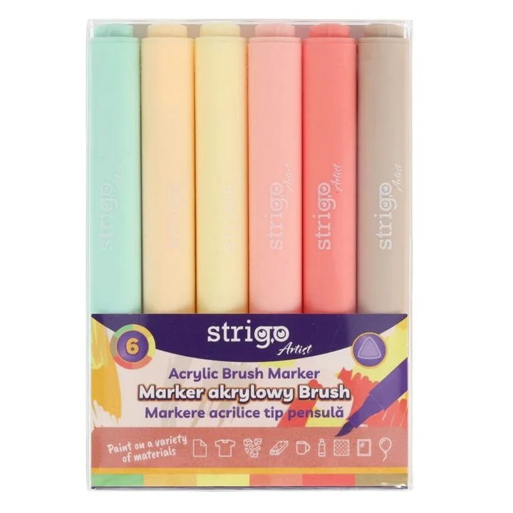 Markere acrilice Strigo tip pensula, 6 culori