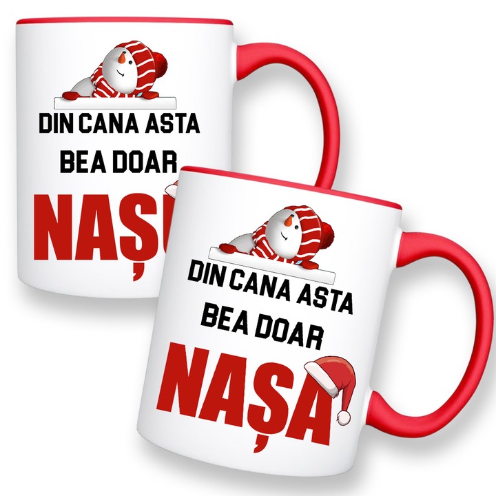 Set 2 cani personalizate cu mesaj:"Din cana asta bea doar Nasa/Nasu", Betaprint, Model craciun, ceramica, alba cu interior rosu, 330ml