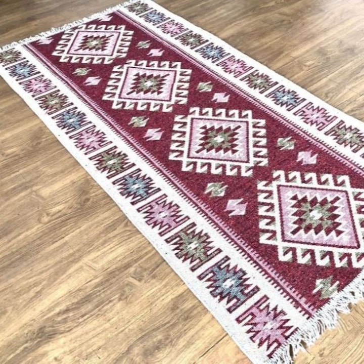 Covor in stil rustic, 160/250 cm, bumbac cu iuta, rosu-crem, Casa de Vis Online, CT-17