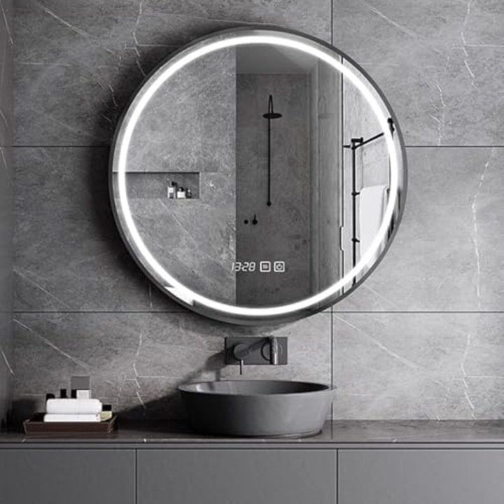 Oglindă Baie K KORMAN LED Touch Otto, Sistem Dezaburire, Ceas și Temperatura, 80cm, Negru Brushed