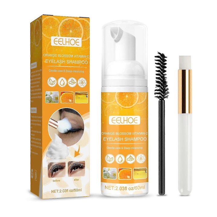 EELHOE szempillasampon kefével, 60ml, narancsvirág kivonat, C-vitamin, tisztító kefével