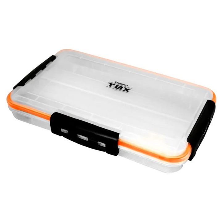 Cutie Accesorii Pescuit Delphin TBX One 275-1P Clip WP, transparenta cu clipuri exterioare, garnitura portocalie