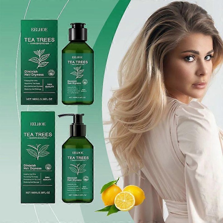 Set sampon si balsam pentru cresterea parului, Tea Tree, ulei de arbore de ceai, ulei de menta, biotina, 300ml, EELHOE