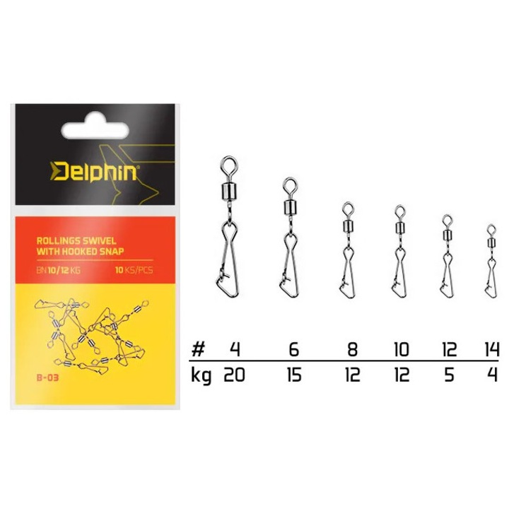 Vartejuri cu Agrafe Hooked Snap Delphin, Rolling Swivel B-03, 10 Bucati/Plic, Diametru 8 mm