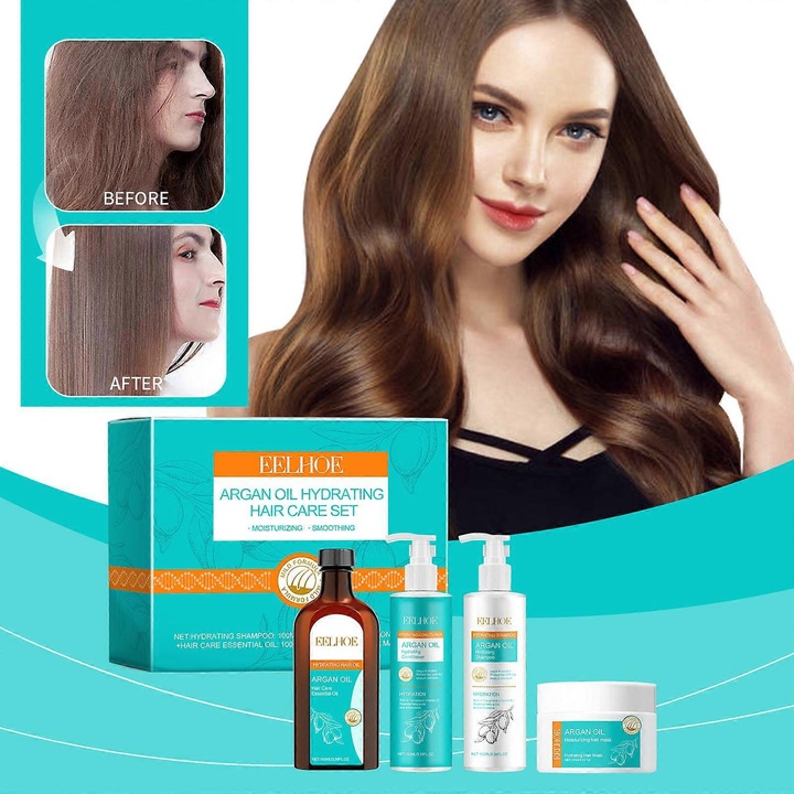 Set complet de ingrijire a parului cu ulei de argan, sampon, balsam, masca si ser, 100g/100ml/100ml/100ml