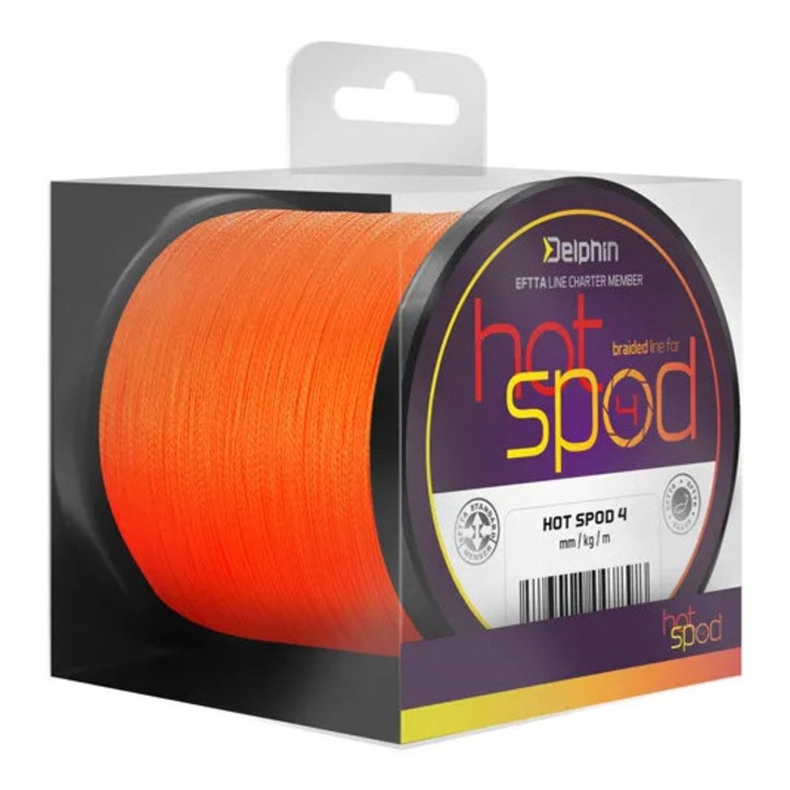 Fir Textil Delphin Hot Spod 4, Portocaliu, Diametru 0.14 mm, Rezistenta 9.10 kg, 300 m, pentru Lansari Spod