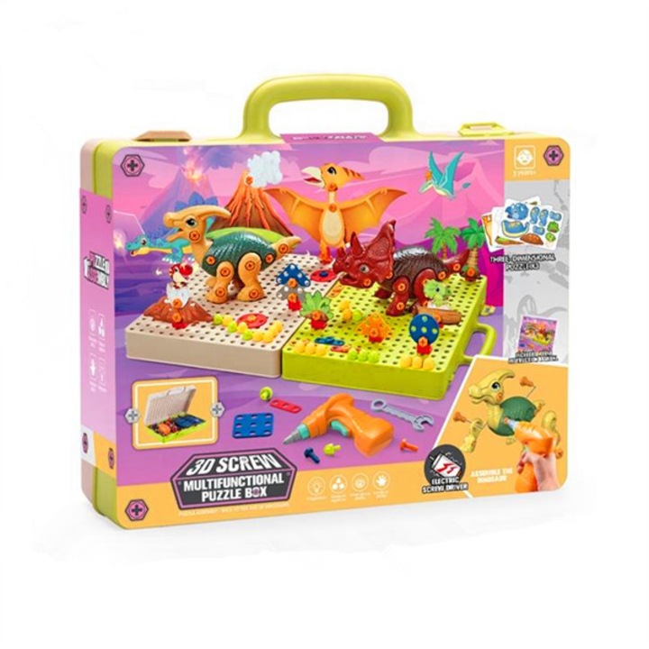 Montessori oktatójátékok, elektromos fúróval, 262 darabos, dinoszauruszokkal, oktatójátékok