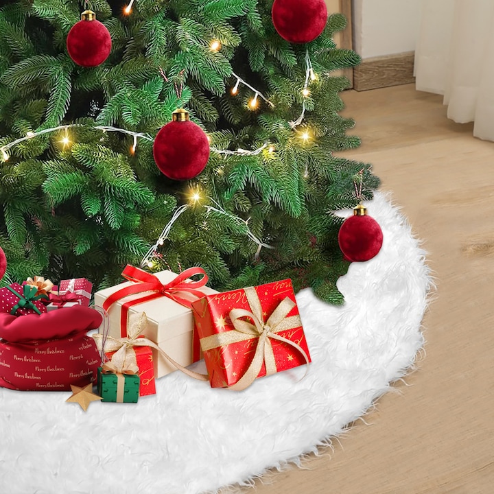 Коледна подложка за елха, кръгла, диаметър 78 см, изкуствена кожа, с дълъг косъм, мека и пухкава, коледна украса, бяла