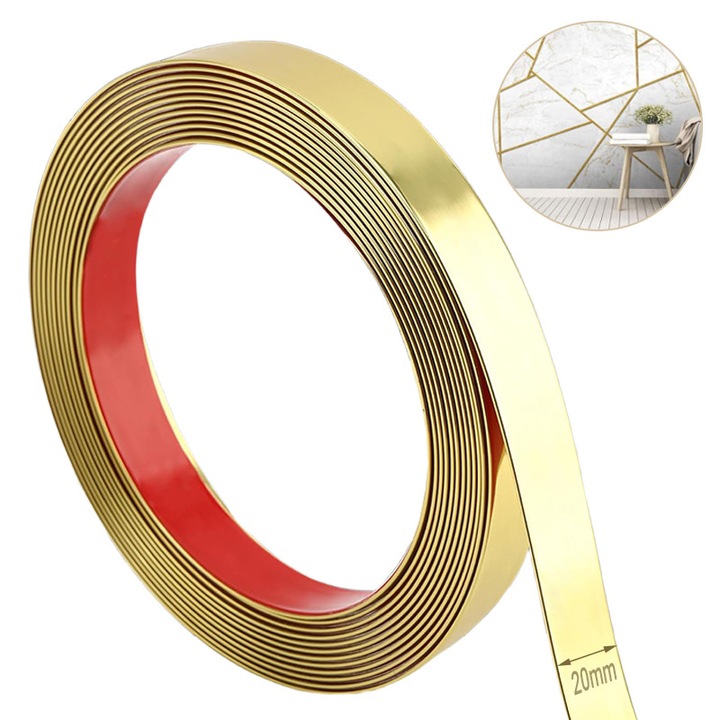 Banda decorativa otel inoxidabil, 7m x 2cm, rezistent la coroziune, rezistent la uzura, impermeabil, nu se deformeaza usor, poate fi taiat, aplicabil pentru tavan、pereti、rame de ferestre、casnic DIY decor, auriu
