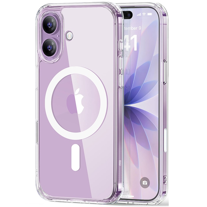 Husa de Protectie Magnetic, Husa Compatibila cu Incarcare Magsafe pentru Apple iPhone 17, MOGU® pentru Incarcare Wireless, Margini Ridicate pentru Protectia Ecranului si a Camerelor, Absorbtie de soc anti-coliziune pe patru fete, PC+TPU, Transparenta