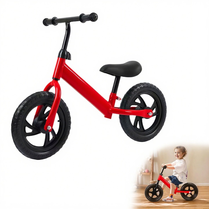Велосипед без педали, Morovan, с въртящо се на 360° кормило, регулируема седалка, EVA колела, максимален капацитет 70 кг, за деца, 2-8 години, за закрито/открито, червен