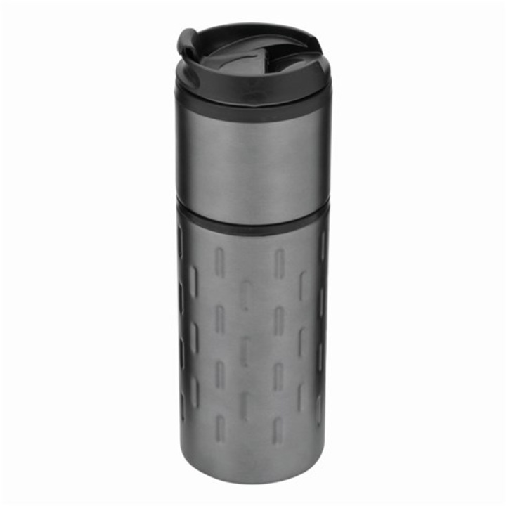 Cana termos Bremen, model Exclusive Liquid, gri, exterior din inox cu design futurist, capacitate 400 ml, dimensiuni Ø7 x 22 cm