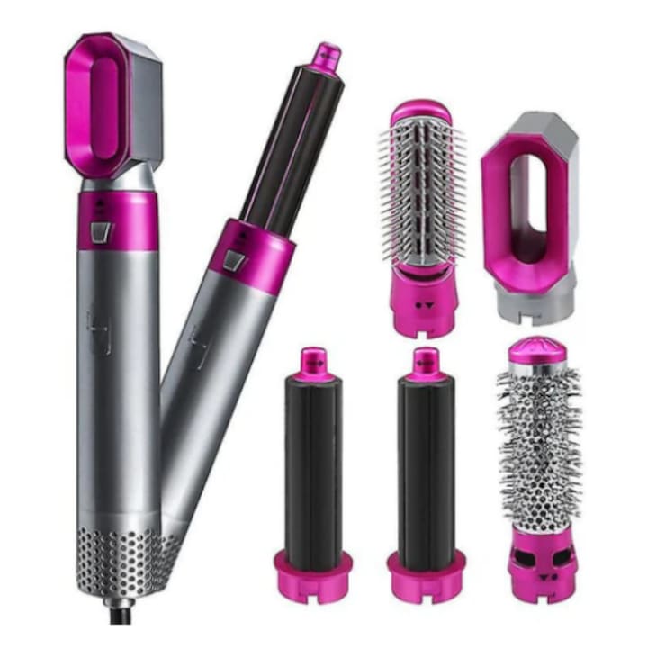 Perie de Par Multifunctionala 5 in 1, Uscare, Indreptare, Ondulare, Coafare, Tehnologie Ionica, 1000W, Accesorii Incluse, Gri-Roz, Fabrilux®