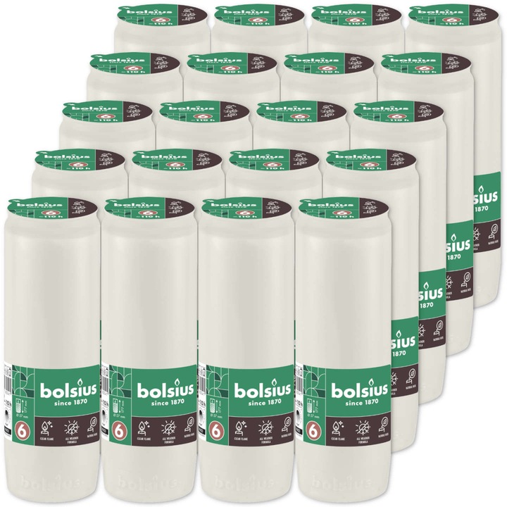 Пълнители за свещи BOLSIUS, 20 броя, 110 часа горене, 17,7x5,7см, бял