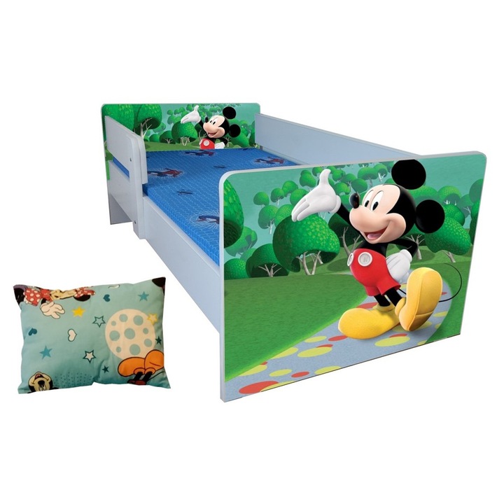 Pat copii Mickey, 144x76 cm, saltea inclusa, pernuta inclusa