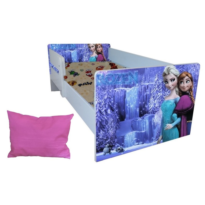 Pat copii Frozen Ana si Elsa, 144x76 cm, saltea inclusa, pernuta inclusa