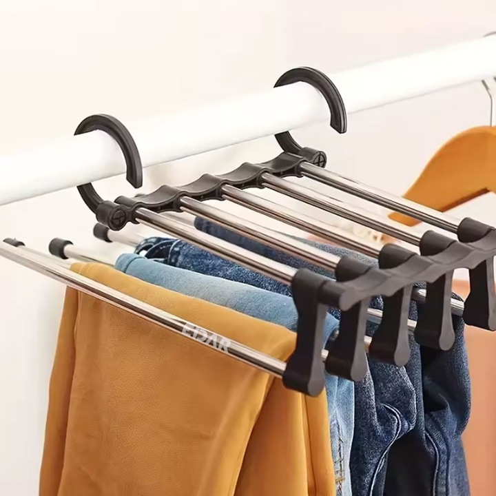 Сгъваема закачалка за панталони EDAR, мобилни пръти от неръждаема стомана, 5 куки, черен цвят