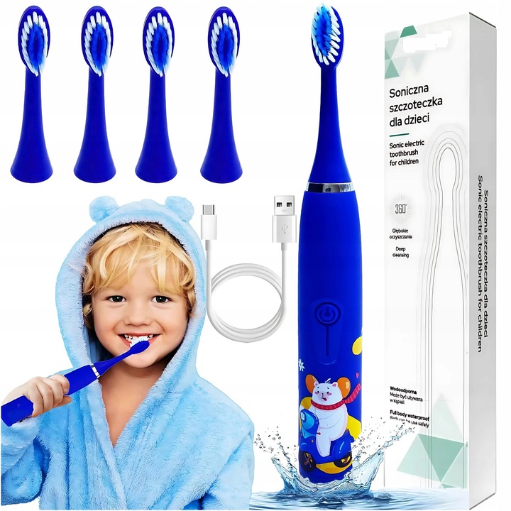 Periuță de dinți sonică, marcă necunoscută, 4 capete, pentru copii, 5 moduri de funcționare, rezistentă la apă IPX7, formă ergonomică, culoare albastră, set 1 periuță de dinți + 4 capete, material: plastic, peri moi, masaj delicat al gingiilor, curățare u