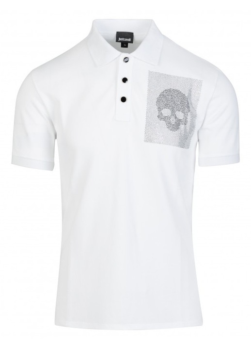 Tricou polo barbat, JUST CAVALLI, model unic, grafica atragatoare, alb, bumbac, L INTL