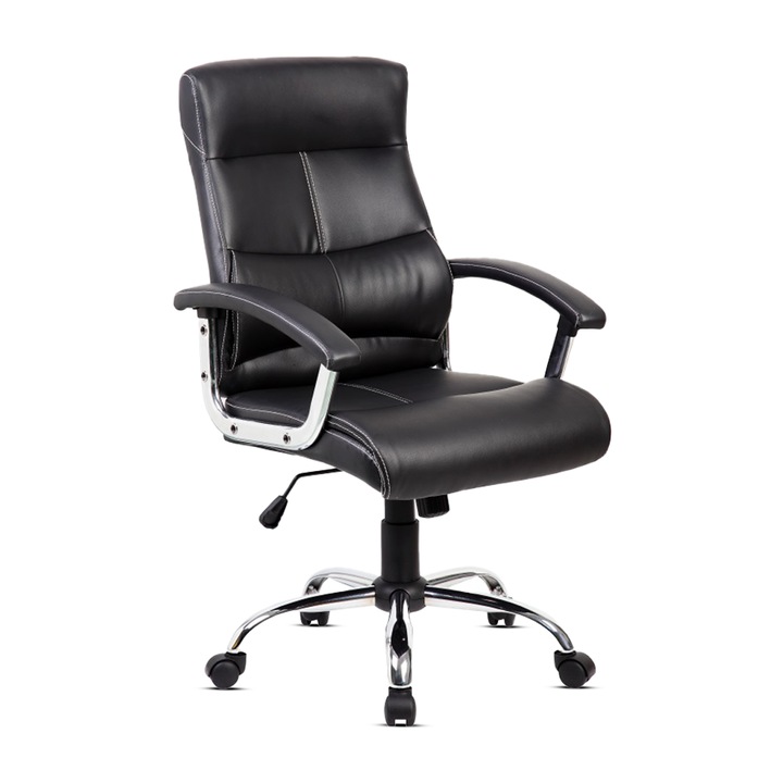 Scaun ergonomic Kiwari® Rei, spatar inalt, mecanism inclinabil cu piston pe gaz, ajustabil pe inaltime, rotatie 360°, brate fixe ergonomice PP, baza cromata, roti nylon silentioase, tapiterie PU+PVC, suporta 130 kg, Negru