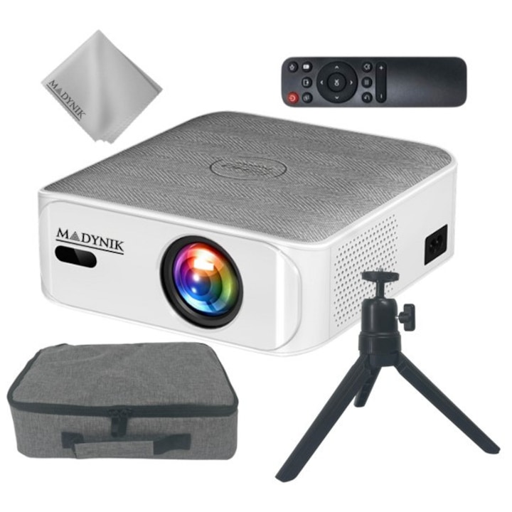 Интелигентен видеопроектор Madynik™, Full HD 1080P, 600 ANSI, 2 вградени високоговорителя, WiFi 6, Bluetooth 5.0, Android 11, Въртене на 180°, Дистанционно управление, Микрофибърна кърпа, Включени статив и чанта за пренасяне