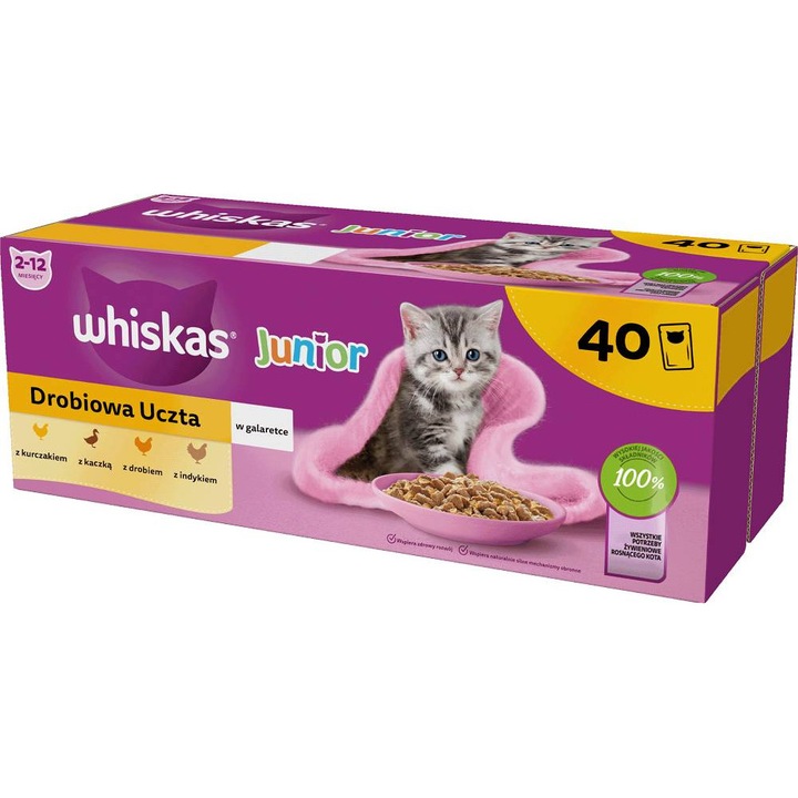 Hrana pisici Whiskas Junior, Set 40x85g, carne de pui, rata, curcan, in gelatina