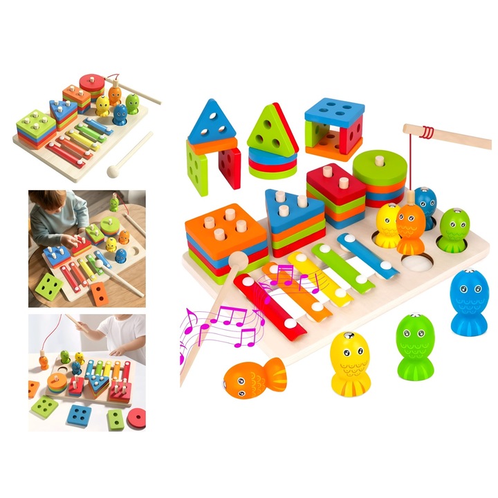 Joc Montessori din lemn, ANGMAD, format din: xilofon, 4 forme geometrice, joc de pescuit magnetic, 4 figurine magnetice, multicolor, varsta minim recomandata 3ani+