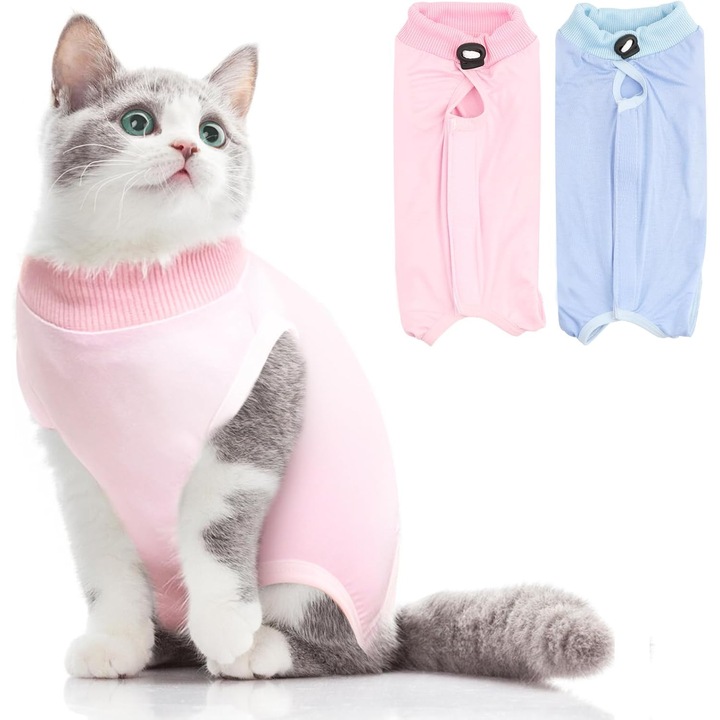 Costum de recuperare postoperatorie pentru pisici, set de 2 piese, Frumos, tesatura din bumbac elastic, previne linsul, confortabil si se muleaza pe corp, guler ajustabil, roz si albastru, S