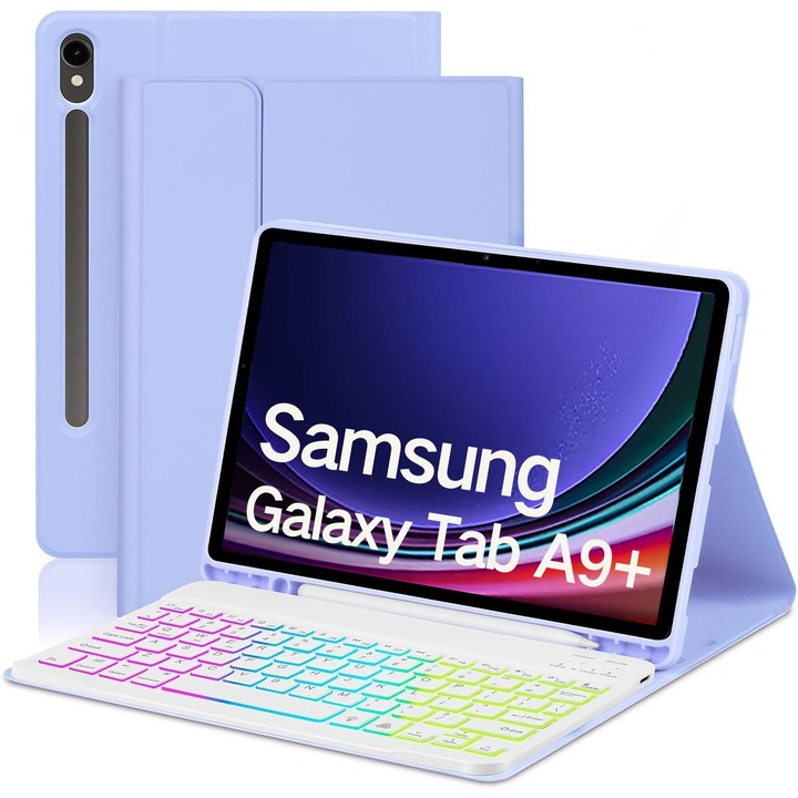 Калъф с клавиатура, съвместим със Samsung Galaxy Tab A9+ 11’’ Виолетов, Безжичен, Bluetooth, LED осветление, Защитен калъф, LIXR-03EN®