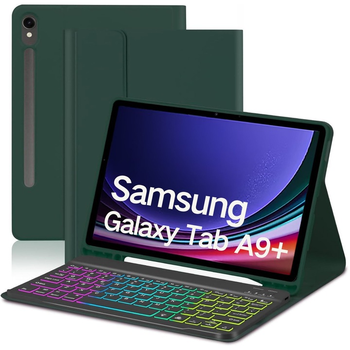 Калъф с клавиатура, съвместим със Samsung Galaxy Tab A9+ 11’’ зелен, безжичен, Bluetooth, LED осветен, защитен калъф, LIXR-03EN®