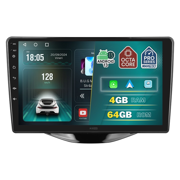 Специализирана навигация за Toyota Aygo/Peugeot 108/Citroen C1 (2014-2022), MaxTech® PRO SERIES, 4 GB Ram 64 GB Rom OctaCore, Carplay и Android auto, 9" HD сензорен екран, GPS, Wifi, EQ, Bluetooth, радио, Waze
