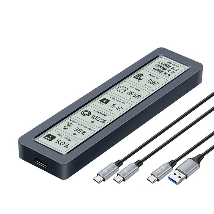 Kétprotokollos SSD külső merevlemezház M.2 NVMe/NGFF meghajtókhoz, 10 Gbps, USB-C csatlakozó, akár 2 TB kapacitás, USB 3.2 Gen 2 interfész, LCD kijelző, alumínium anyag, plug and play, fekete