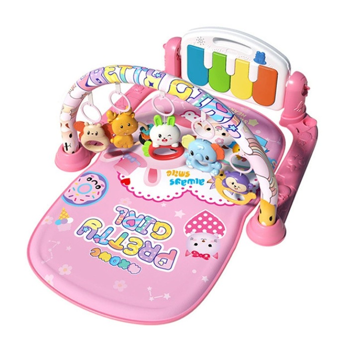 Covoras de joaca multifunctional pentru bebelusi(4 Note, Atarnatoare, Lumini) - Mat de Activitați pentru Dezvoltare Motrică și Senzorială a Sugarilor-Roz deschis