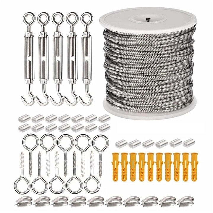 56 darabos acélkábel készlet, PsAyl®, PVC bevonatú acélhuzalos rugalmas elektromos kábel, kültéri kerti konyhához, feszítőhuzal rendszer kúszónövényekhez, 30 m