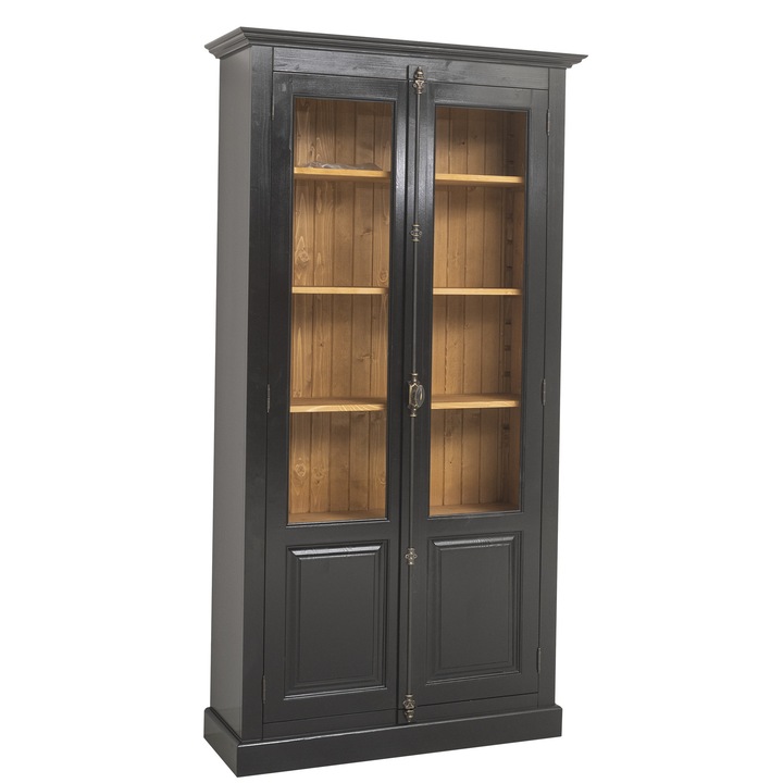 Vitrina cu 2 usi, cu tija, culoare exterior negru lucios P150, culoare interior maro deschis P002, dublu color, 100% lemn masiv, 110x210x40 cm