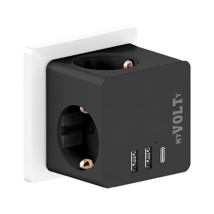 Разклонител Контакт, MYVOLTY, Tри гнезда, USB type A, USB type C, 18W, 16А, 3680W при 250V, 67/67/88 милиметра, Черен