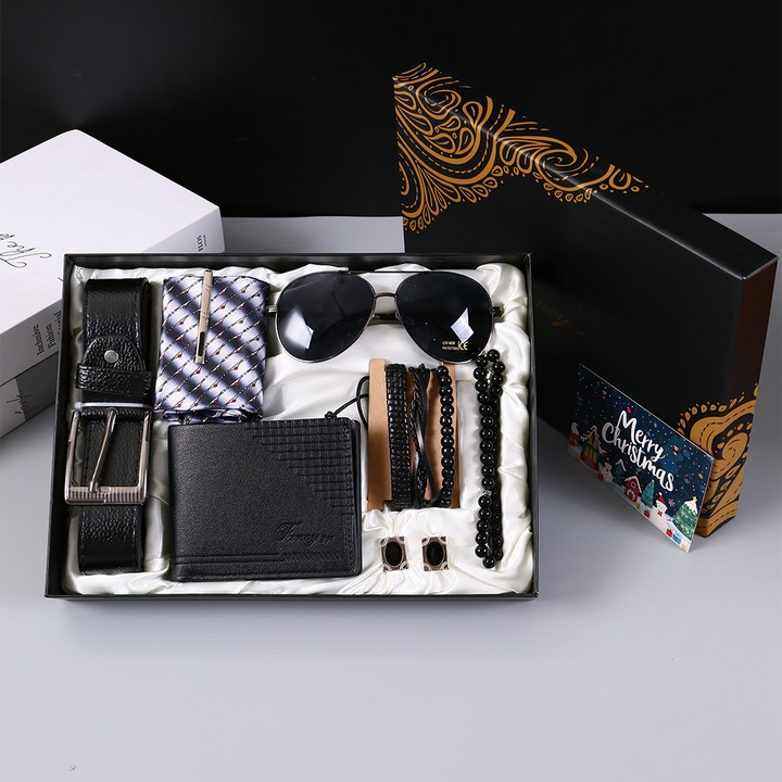 Комплект подарък за мъже 7 части, NEVERMORE, портфейл от еко кожа, колан с метална катарама, слънчеви очила, комплект от 3 гривни с модерен дизайн, вратовръзка на райета, мъниста, копчета за ръкавели, луксозна кутия
