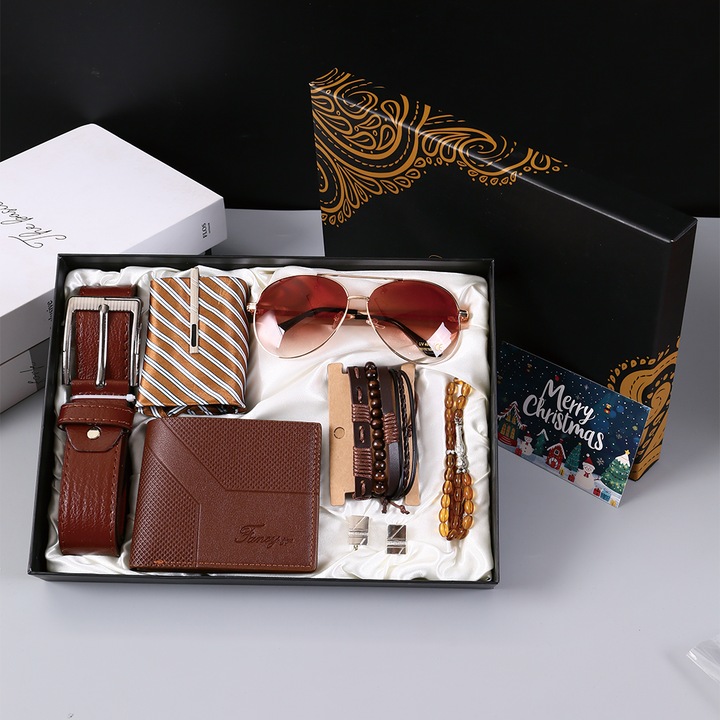 Комплект подаръци за мъже от 7 части, NEVERMORE®, портфейл от екологична кожа, колан с метална катарама, слънчеви очила, комплект от 3 модерни гривни, раирана вратовръзка, мъниста, копчета за ръкавели, луксозна кутия, идеален подарък/рожден ден, кафяв