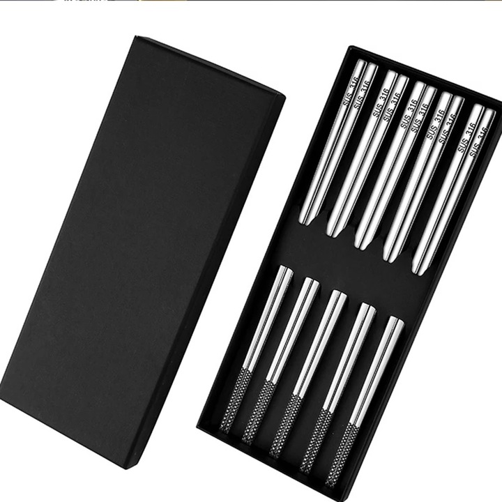 Китайски клечки за хранене, изработени от неръждаема стомана 316 Premium, комплект от 5, миещи се, неплъзгащи се, сребърни