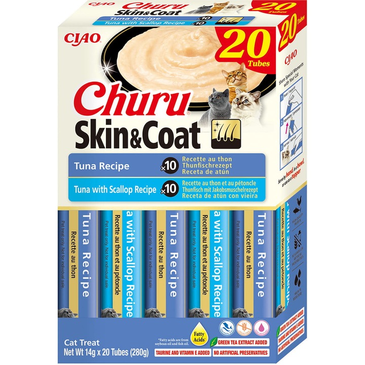 Biscuiti pentru pisici INABA CAT CHURU Skin & Coat cu ton, set 20x14g, fara cereale, 280g