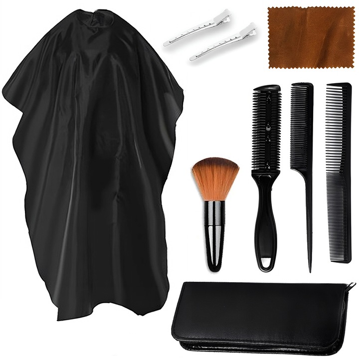 Gepard, Set de coafura din 8 elemente pelerina de coafura + perie de gat + piepteni de coafura + trimmer dublu + doua cleme metalice + geanta + carpa, Z-399-BEZNOZ