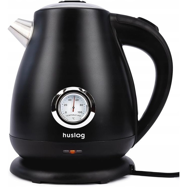 Fierbator Huslog Retro, 1.7 L, din otel inoxidabil, 2200 W, cu afisaj temperatura, functie de fierbere rapida, filtru anti-calcar, fara fir cu baza de 360°, oprire automata, negru