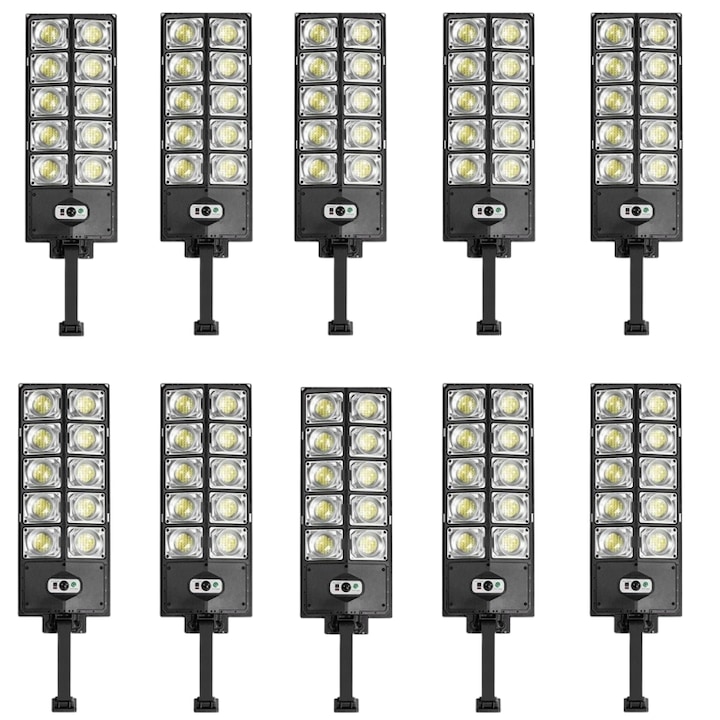 Комплект 10 Соларни Улични Лампи HOZRO, 1000W, с IP65 Защита, Ъгъл на Завъртане 180°, Батерия 4500 mAh, Издръжлив ABS Материал, Черен – Мощно и Икономично Външно Осветление