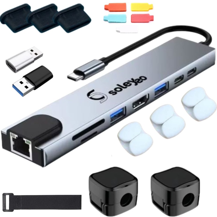 Адаптер HUB USB тип-C, Мултипорт 8 в 1 към HDMI 4K, Soleyso, 5x Етикети за кабели, 2x Магнитни клипсове, 1x Органайзер за кабели, 3x Силиконови капачки за USB-C и 3x Клипсове за организиране
