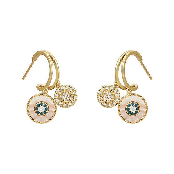 Cercei boho din cristal aurii cu disc rotund, bijuterii vintage, handmade, 4cm