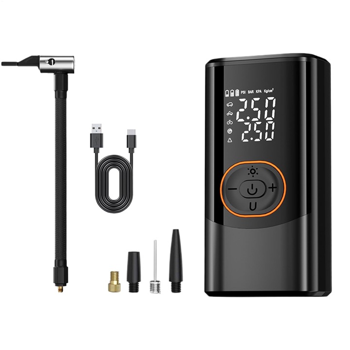 Pompa aer auto electrica, Portabila Pompa aer electrica, baterie 3000 mAh, Afisaj digital LED, Reincarcabila USB, Lanterna LED, Accesorii incluse, Manometru digital, Negru